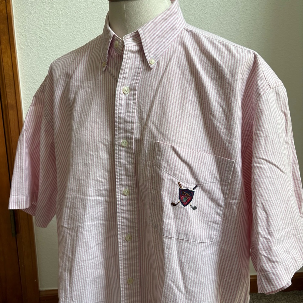 Vtg Ralph Lauren Pink Striped Golf Oxford Shirt - Picture 2 of 7